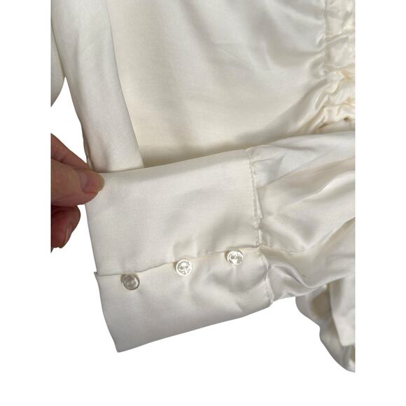 NWT Anthropologie Sz M White Silky Tie Waist Cropped Blouse Smocked French Cuff - Picture 6 of 10